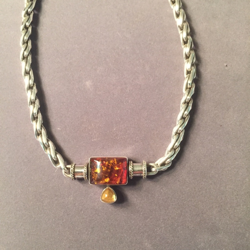 Sterling-Style Silver Necklace with Amber Pendant
